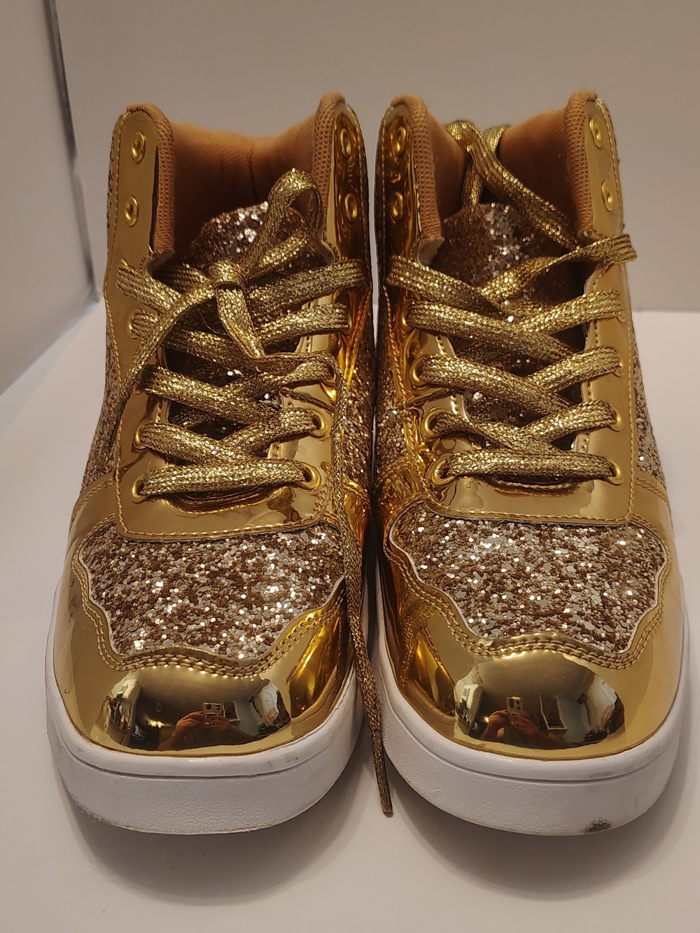 Bling Bling, Gold Glitter High-Top Sneakers Unisex Women's 9.5/ Men's 8